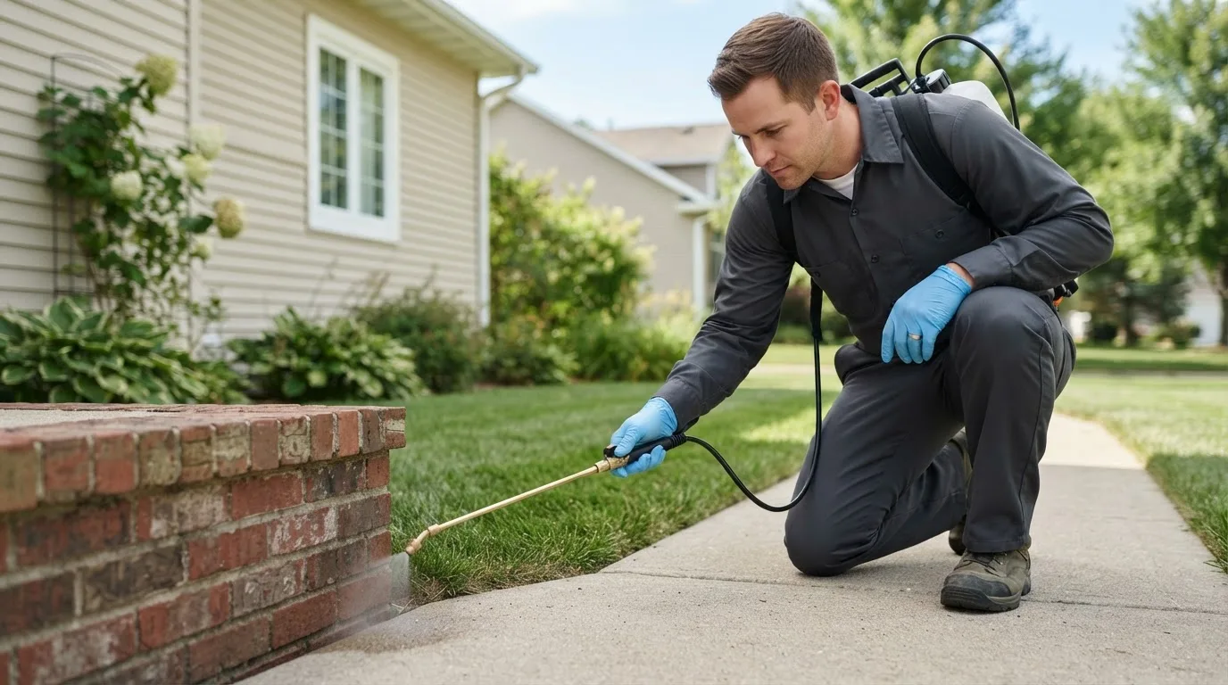 Pest control technician treating a home near Bluejacket, OK