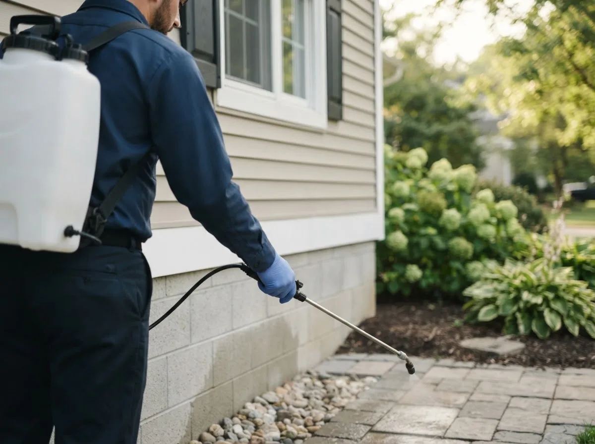Pest control technician inspecting a home in Bluejacket, OK